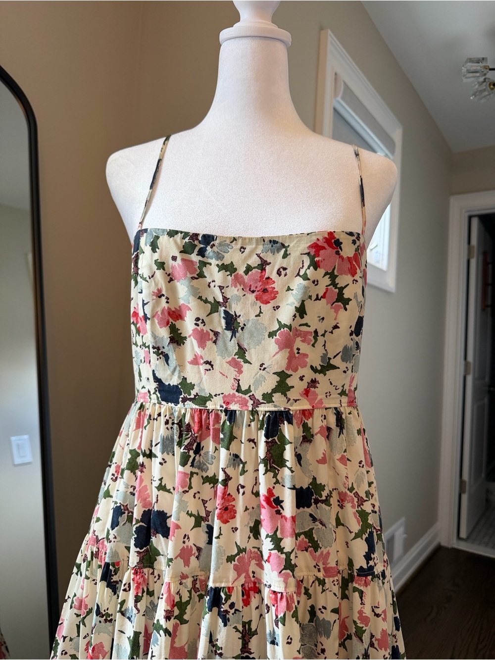 cinq a sept Cream Floral Tiered Midi Skirt with Pink and Navy Accents - Picture 3 of 13